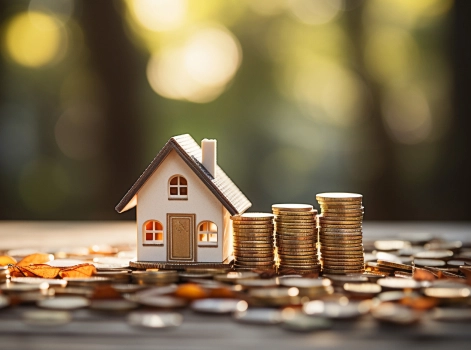 Model house next to stacked coins on a table.