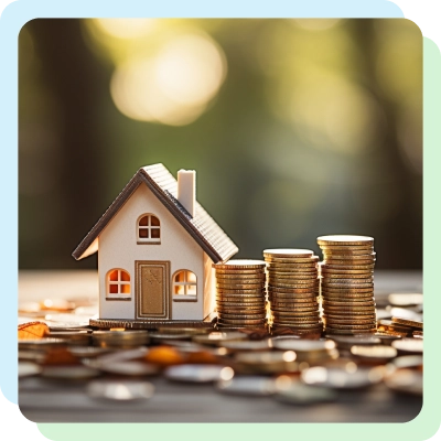 a miniature commercial buildings along with a stack of coins