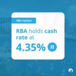Blue background with text that shows RBA held cash rate at 4.35% for May 2024