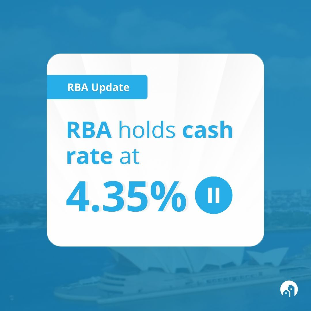 Blue background with text that shows RBA held cash rate at 4.35% for June 2024