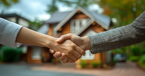 Two people shake hands in front of a bungalow.