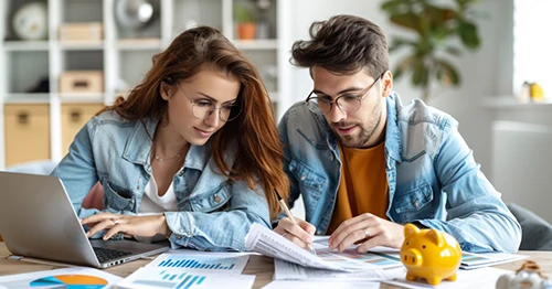 A girl and a boy are calculating their cost to buy a house