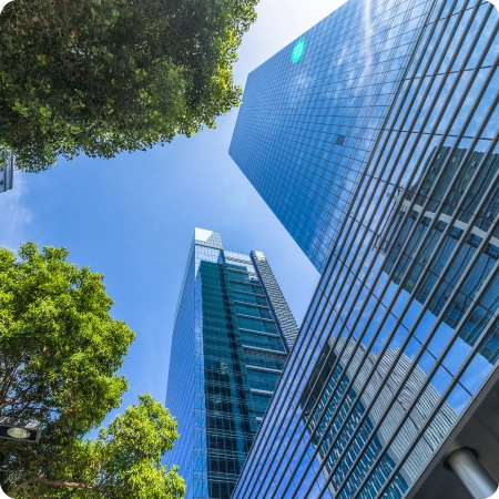 Looking up at modern glass skyscrapers against a bright blue sky, with green trees framing the view. Represents the connection between urban living and financial opportunities, reflecting the professional and trustworthy services of a mortgage broking company.