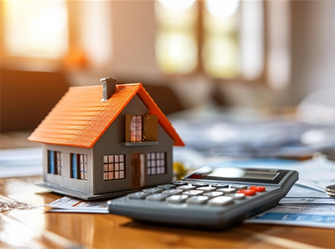 A miniature house and a calculator are placed on top of financial documents and coins, while a person works in the background. The scene hints at using a First Home Grant Calculator for home-buying decisions.