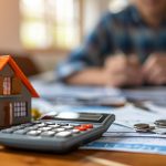 A miniature house and a calculator are placed on top of financial documents and coins, while a person works in the background. The scene hints at using a First Home Grant Calculator for home-buying decisions.