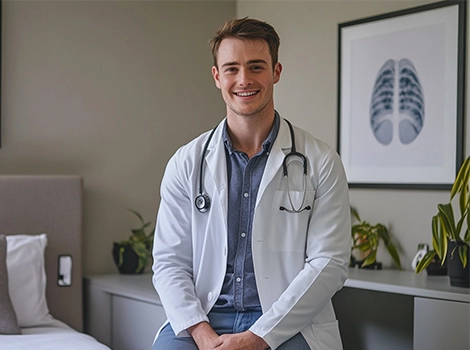 A doctor wearing a white coat and stethoscope smiles while seated in a modern, well-lit room with framed art and plants in the background.