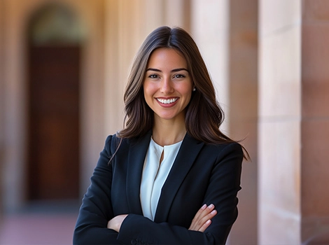 Smiling professional woman in a black blazer standing with arms crossed in a corridor with stone columns.