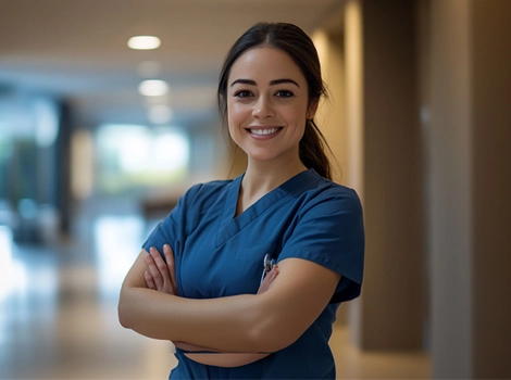 Smiling female nurse in blue scrubs standing with arms crossed in a brightly lit hospital corridor.