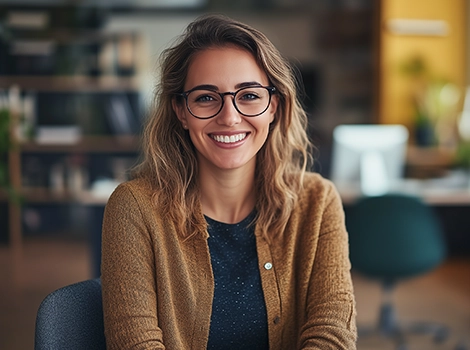 Smiling woman with glasses and a casual sweater seated in a bright, modern office with plants and shelves in the background.