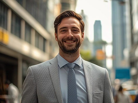 Smiling man in a light gray suit and tie standing outdoors with modern city buildings in the background.