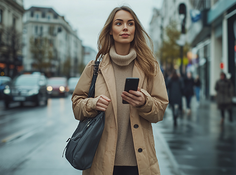 Stylish woman in a beige trench coat holding a smartphone, walking on a busy city street with shops and cars in the background.