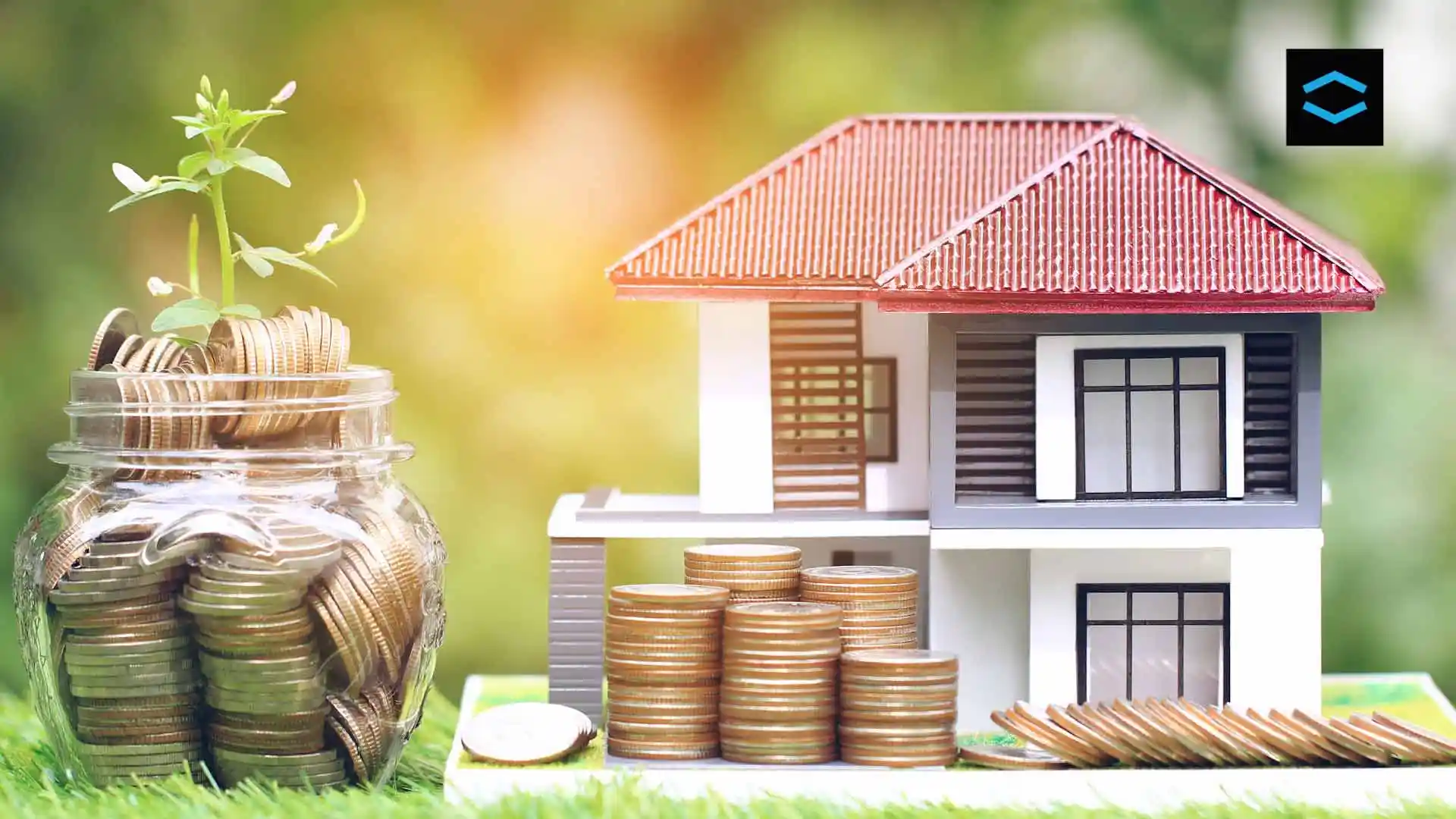 pile of coins laid out next to a 3D house model to represent the deposit you need to buy a house